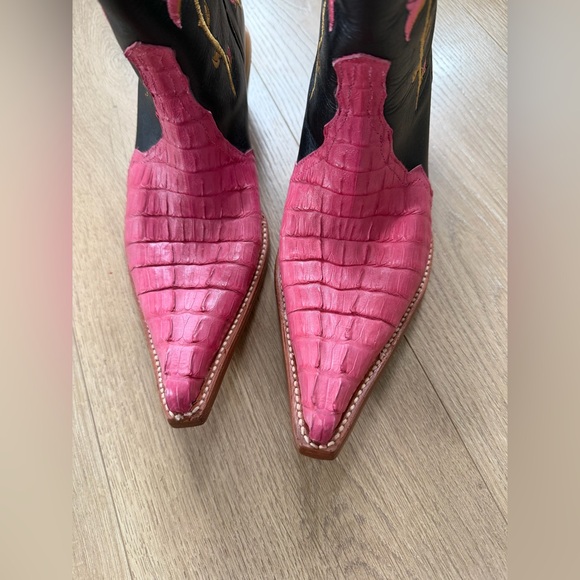 Los Altos Boots Pink Black Floral Embroidered Western Genuine Crocodile Size 7 - Picture 9 of 12